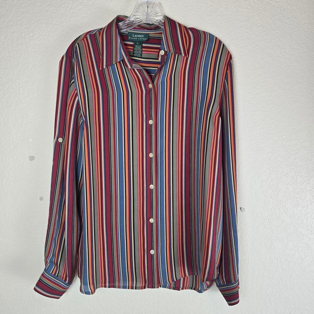 Lauren Ralph Lauren 100% Silk Striped Button Down Shirt L Roll Tab Sleeve